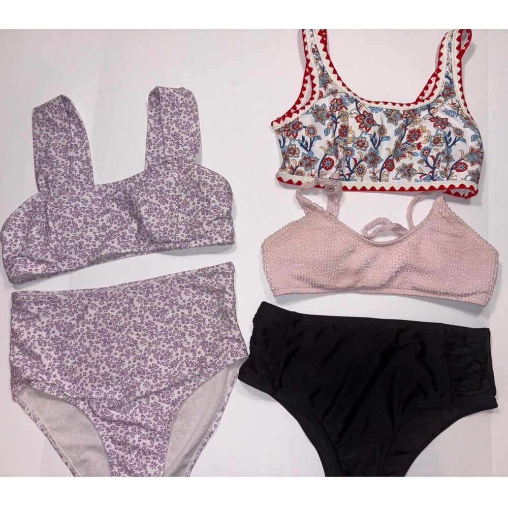 Womens Swimwear Bikini Set Floral Print Purple Pink Black High Waist XS